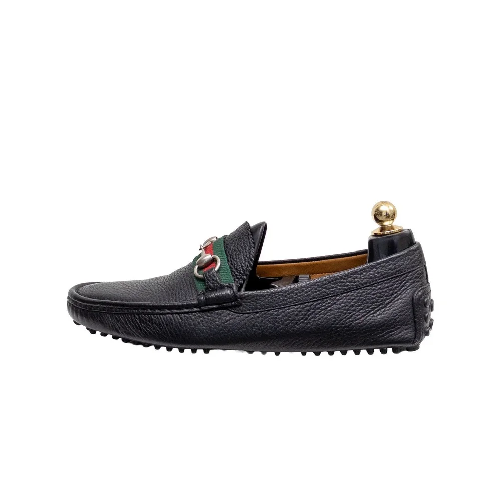 Gucci Mens Black Pebble Leather Horsebit Web Driving Loafers UK 8G US 9G w/ Box